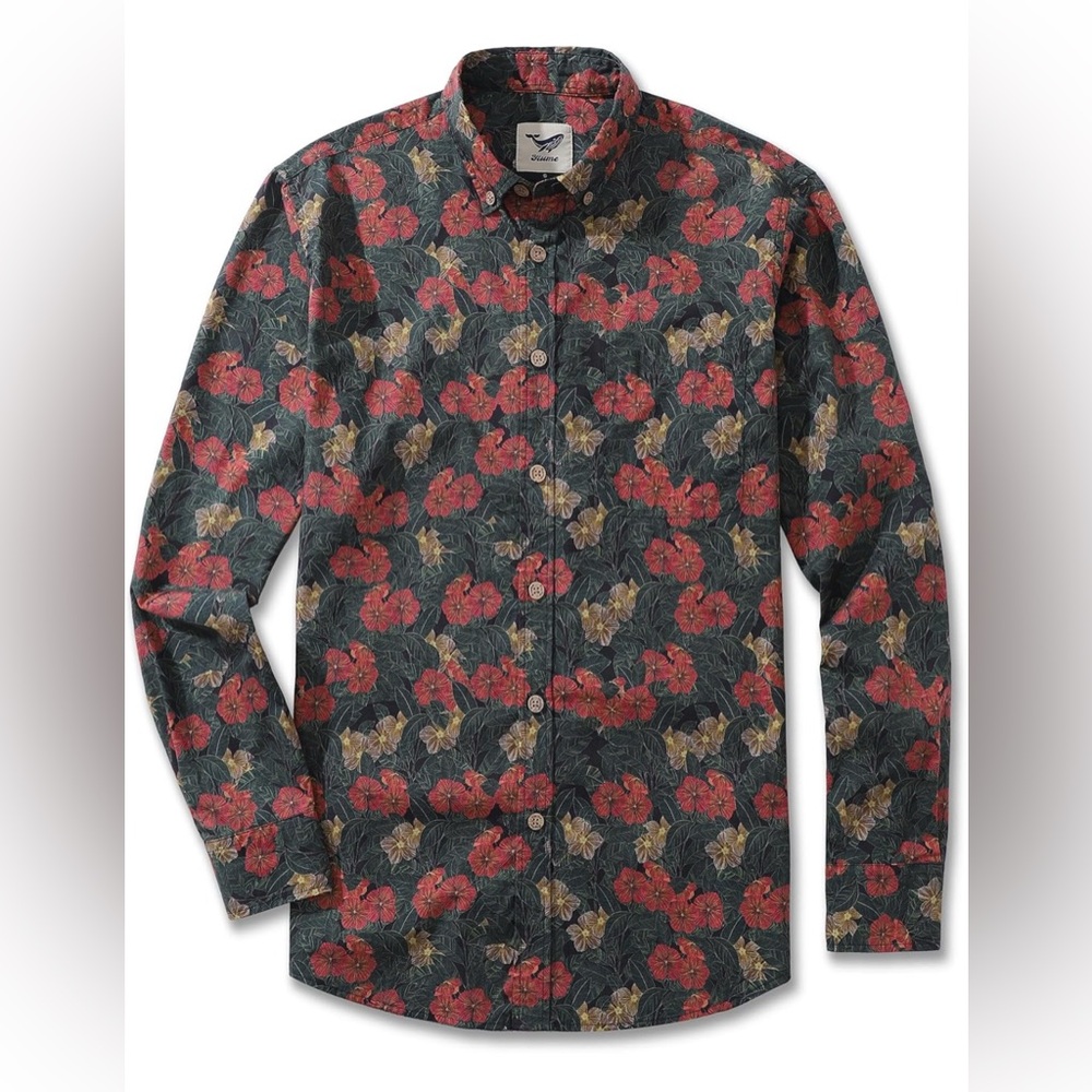 YIUME Hawaiian Shirt Serenity in Bloom Print Cotton Button-down LongSleeve Aloha